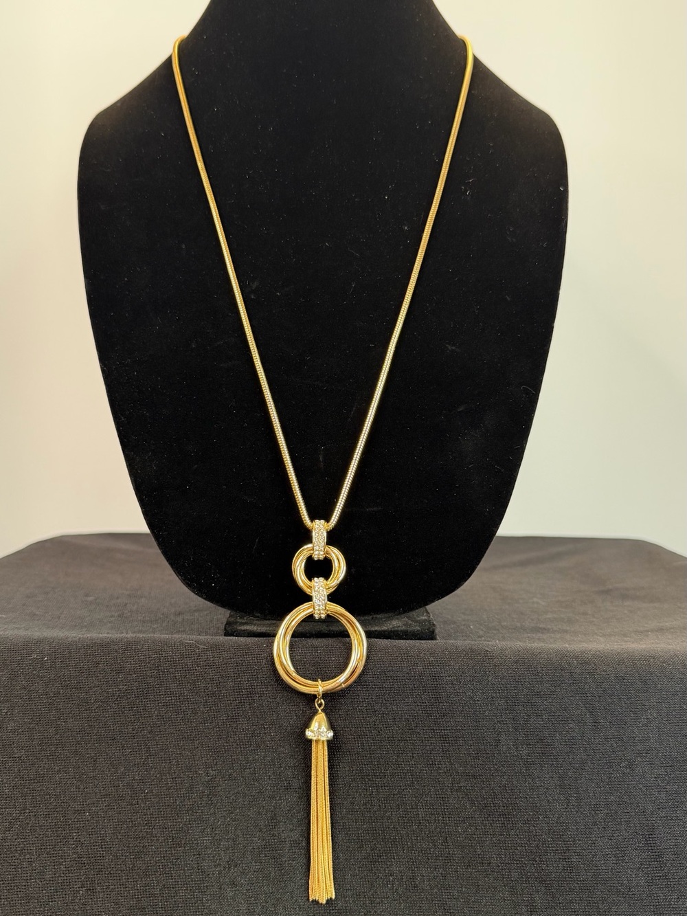 Gold-Tone Double Ring Tassel Pendant Necklace - Women Jewelry